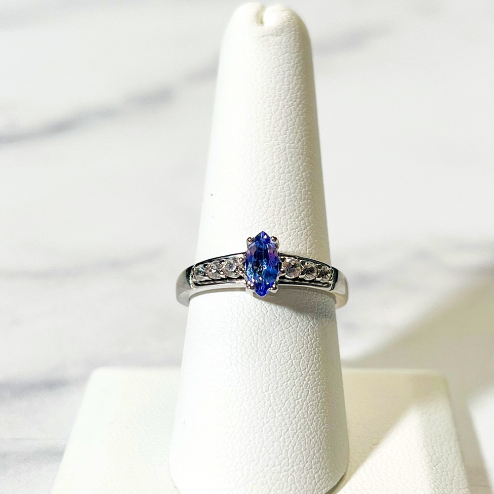 0.35ct Marquise Tanzanite w/0.42ctw Round White Zircon Sterling Silver Ring
